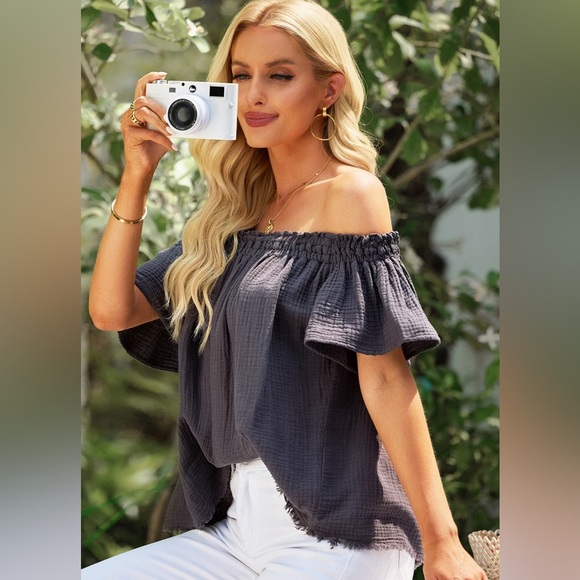 Tops - Off-Shoulder Short Sleeve Blouse Soft Cotton